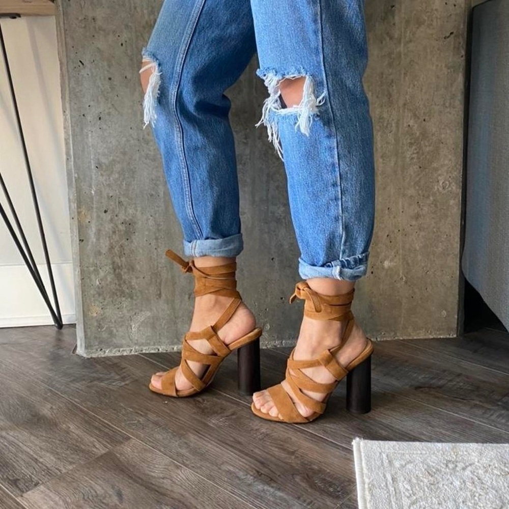 Aldo camel brown suede strappy lace up Exerila block heel sandals - size 10
